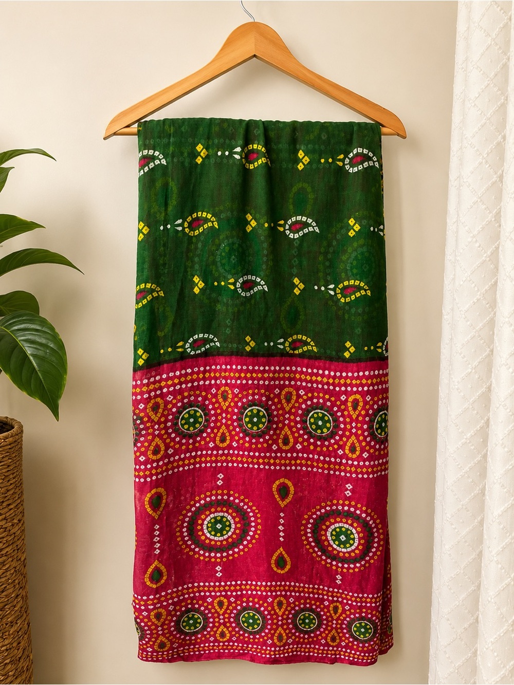 Green & Pink Traditional Bandhani-Style Dupatta | South Asian Scarf